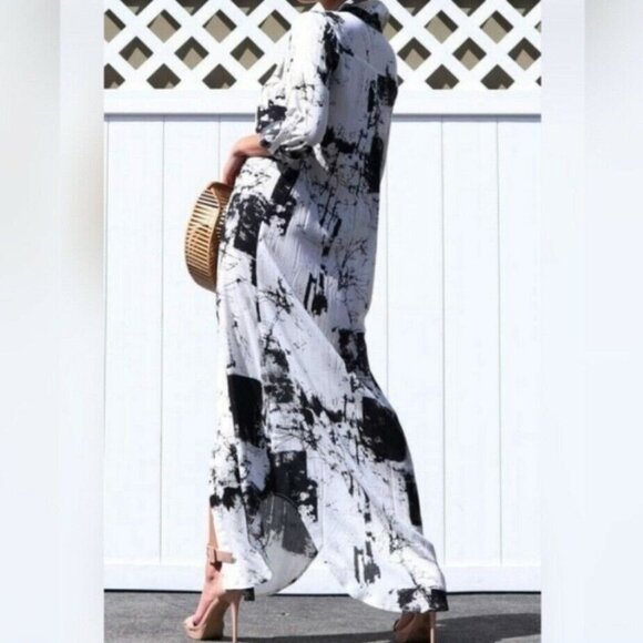 Boutique Dress Day Abstract Oversized Button Front Shirt Dress Black White Maxi - Picture 11 of 13